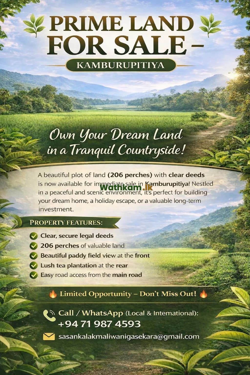 Land for sale in Kamburupitiya, matara - 206 perches in a very attractive location